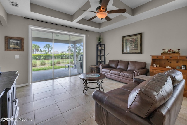 living room with ceiling fan, visible vents, light tile patterned floors, and coffered ceiling