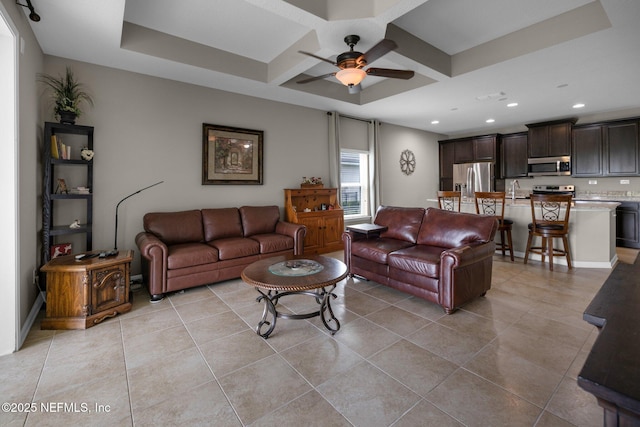 living room featuring beam ceiling, ceiling fan, recessed lighting, coffered ceiling, and light tile patterned floors
