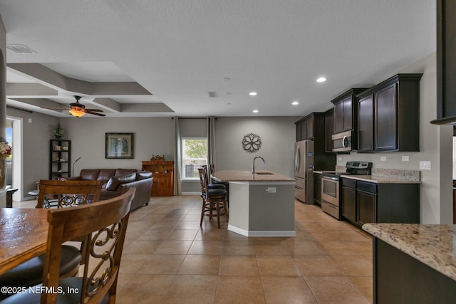 kitchen with a ceiling fan, a sink, open floor plan, stainless steel appliances, and recessed lighting