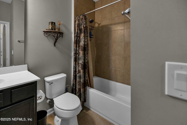 bathroom with toilet, shower / bathtub combination with curtain, and vanity