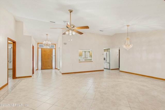 unfurnished living room with light tile patterned floors, ceiling fan with notable chandelier, baseboards, and lofted ceiling