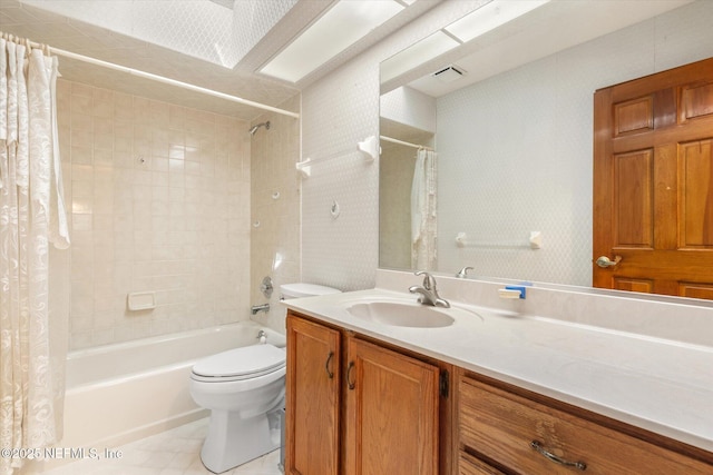 bathroom featuring toilet, wallpapered walls, vanity, and shower / bath combination with curtain