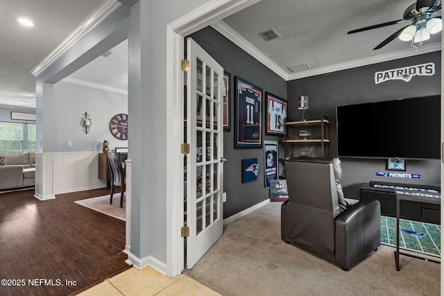 112 Bluffton Ct, Saint Augustine, FL 32092 - office featuring ceiling fan, crown molding, a textured ceiling, and visible vents