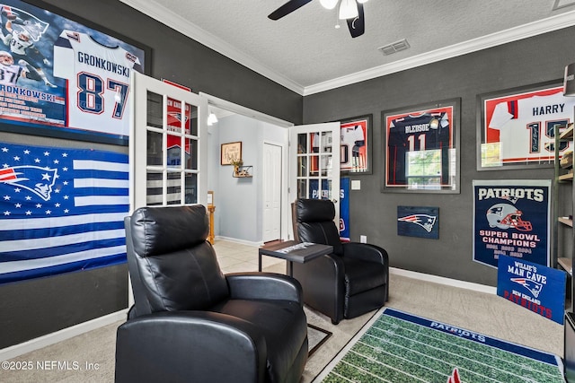 112 Bluffton Ct, Saint Augustine, FL 32092 - game room featuring visible vents, carpet flooring, a textured ceiling, and ceiling fan