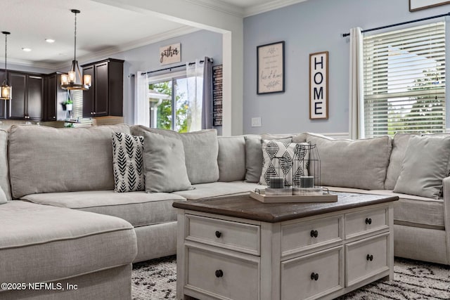 112 Bluffton Ct, Saint Augustine, FL 32092 - living area with recessed lighting, a notable chandelier, and crown molding