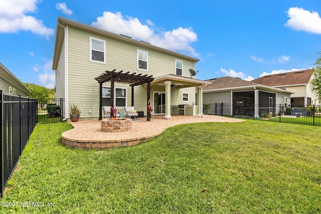 112 Bluffton Ct, Saint Augustine, FL 32092 - back of house with a pergola, a patio area, a lawn, and a fire pit