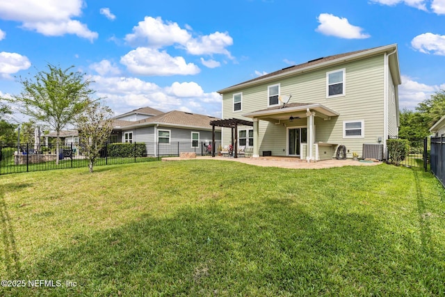 112 Bluffton Ct, Saint Augustine, FL 32092 - back of house featuring a fenced backyard, a yard, central air condition unit, a patio area, and ceiling fan