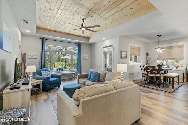 355 Lambert Ave, Flagler Beach, FL 32136 - living room with ceiling fan, a raised ceiling, wood finished floors, and wood ceiling