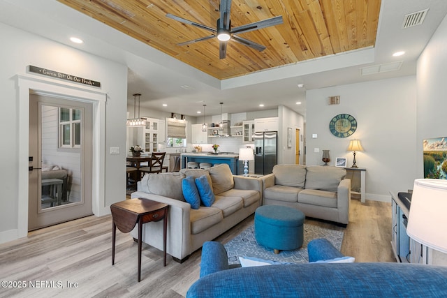 355 Lambert Ave, Flagler Beach, FL 32136 - living area with a tray ceiling, wooden ceiling, visible vents, and light wood-style flooring