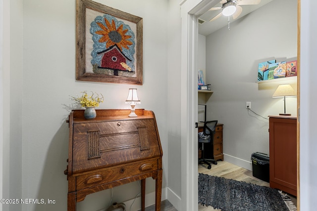 355 Lambert Ave, Flagler Beach, FL 32136 - office area with ceiling fan, wood finished floors, and baseboards