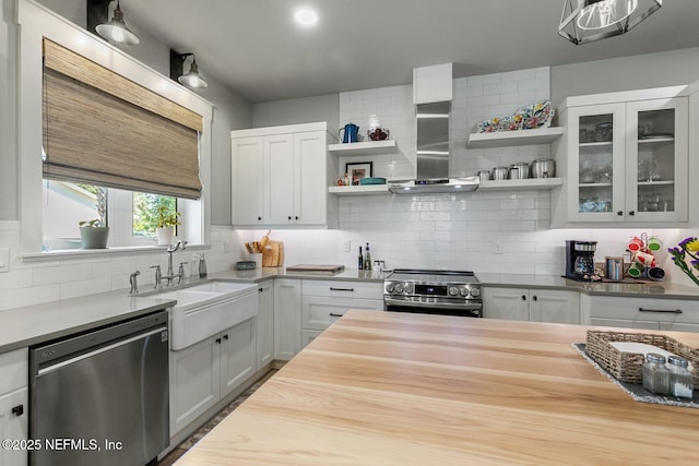 355 Lambert Ave, Flagler Beach, FL 32136 - kitchen with tasteful backsplash, open shelves, wall chimney exhaust hood, stainless steel appliances, and a sink
