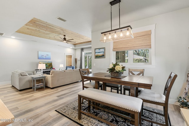 355 Lambert Ave, Flagler Beach, FL 32136 - dining room featuring visible vents, wood ceiling, a raised ceiling, light wood finished floors, and baseboards