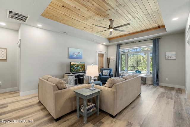 355 Lambert Ave, Flagler Beach, FL 32136 - living area with visible vents, baseboards, a raised ceiling, and wooden ceiling
