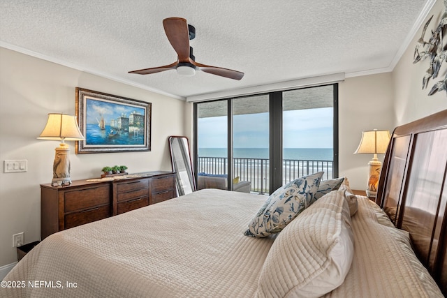275 1st St S Unit 504, Jacksonville Beach, FL 32250 - bedroom featuring access to exterior, a textured ceiling, a water view, ornamental molding, and a ceiling fan