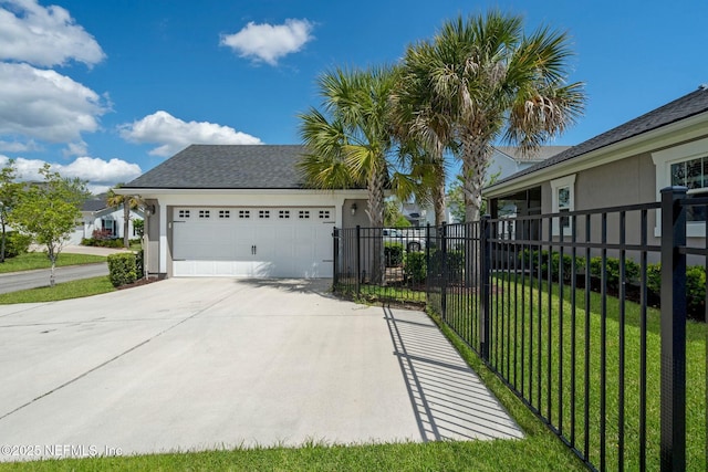 114 Fremont Ave, Saint Augustine, FL 32095 - exterior space featuring concrete driveway, roof with shingles, stucco siding, fence, and a lawn
