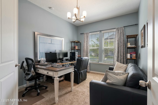 114 Fremont Ave, Saint Augustine, FL 32095 - office space featuring a chandelier, light carpet, baseboards, and a textured ceiling
