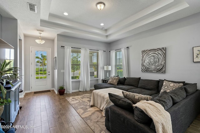 114 Fremont Ave, Saint Augustine, FL 32095 - living room with a tray ceiling, wood finished floors, and visible vents