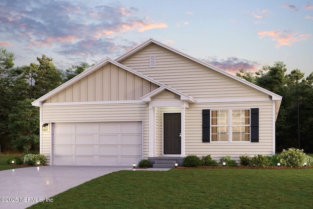 ranch-style home with a garage, a front yard, driveway, and board and batten siding