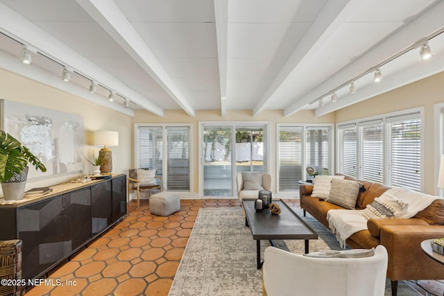 living room with track lighting and beam ceiling