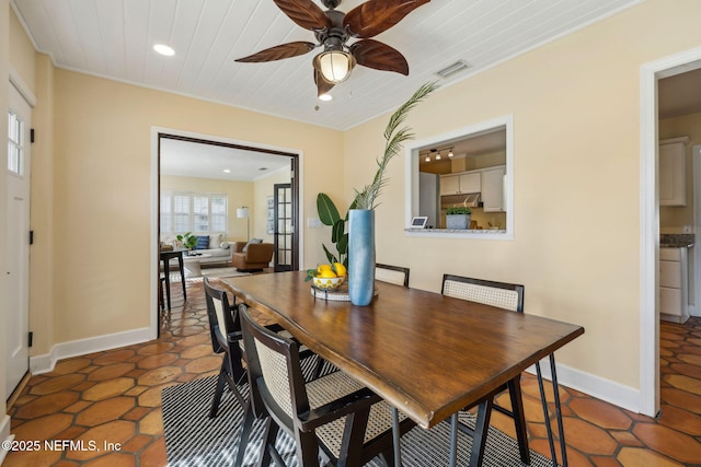 tiled dining space featuring ceiling fan, recessed lighting, baseboards, visible vents, and ornamental molding