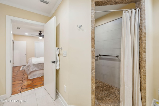 bathroom featuring ceiling fan, visible vents, a tile shower, tile patterned floors, and connected bathroom