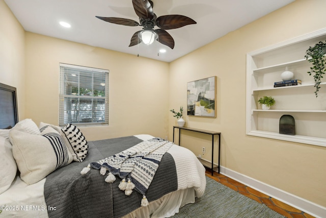 bedroom with recessed lighting, tile patterned floors, a ceiling fan, and baseboards