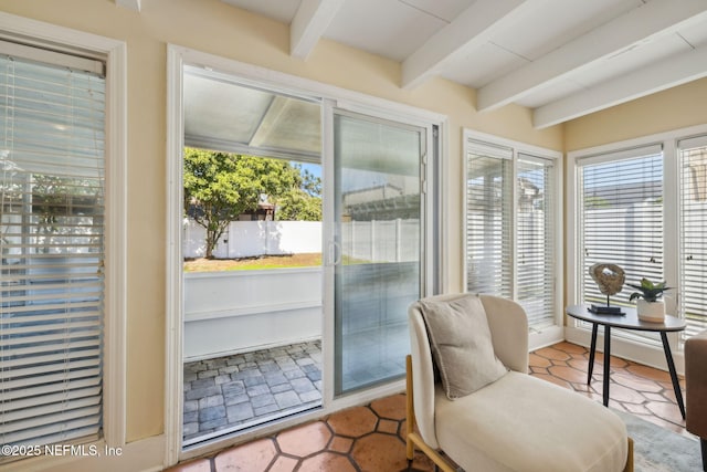 doorway featuring plenty of natural light and beamed ceiling