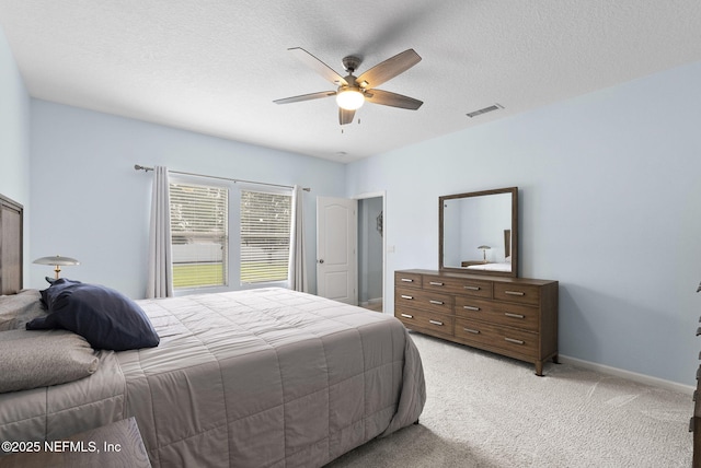 169 S Field Crest Dr, Saint Augustine, FL 32092 - bedroom with a ceiling fan, a textured ceiling, light colored carpet, and visible vents