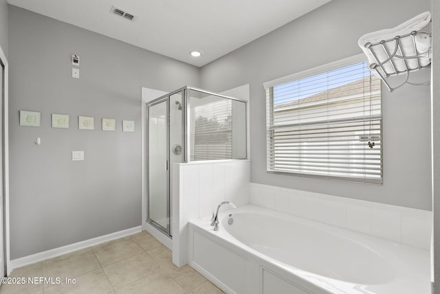 169 S Field Crest Dr, Saint Augustine, FL 32092 - full bath featuring tile patterned floors, visible vents, a shower stall, and a garden tub