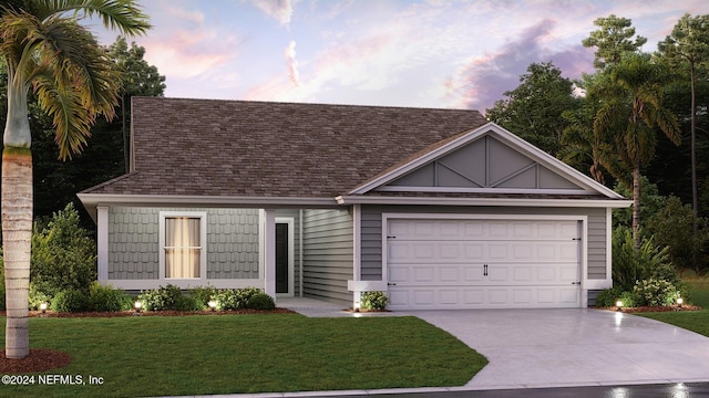173 Greenwood Dr, Palm Coast, FL 32137 - view of front of house with a shingled roof, a yard, driveway, and a garage