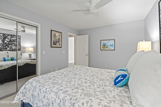 bedroom featuring carpet, a ceiling fan, and a closet