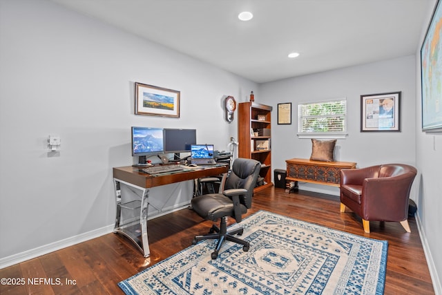office area featuring baseboards, wood finished floors, and recessed lighting