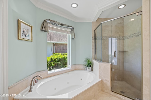 bathroom with recessed lighting, a jetted tub, crown molding, and a stall shower