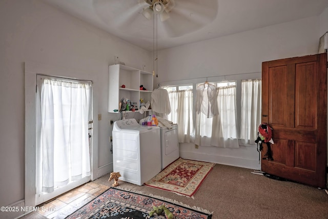 627 Emmett St, Palatka, FL 32177 - laundry room featuring independent washer and dryer, ceiling fan, light colored carpet, and laundry area