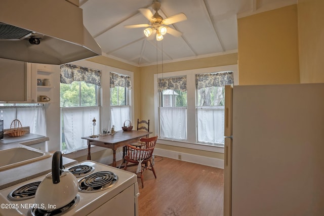 627 Emmett St, Palatka, FL 32177 - dining space featuring ceiling fan, light wood finished floors, and baseboards