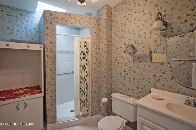 627 Emmett St, Palatka, FL 32177 - bathroom featuring toilet, a shower stall, vanity, and wallpapered walls