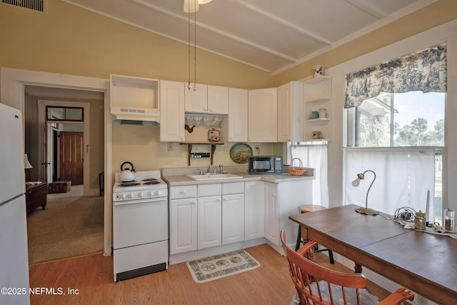 627 Emmett St, Palatka, FL 32177 - kitchen with a sink, white appliances, under cabinet range hood, light wood-style flooring, and lofted ceiling