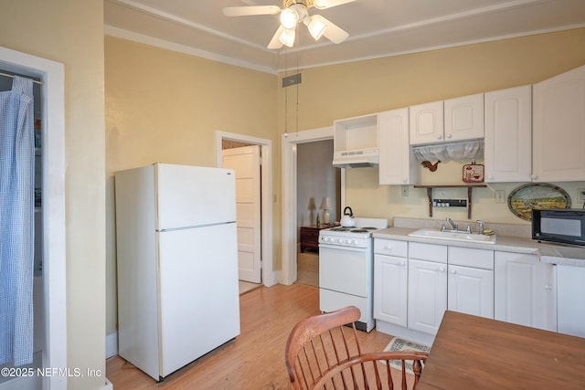 627 Emmett St, Palatka, FL 32177 - kitchen featuring a sink, ornamental molding, ceiling fan, white appliances, and under cabinet range hood