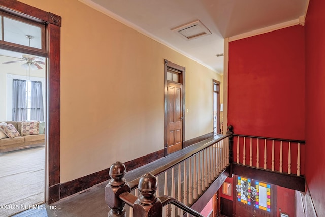 627 Emmett St, Palatka, FL 32177 - stairs with a ceiling fan, baseboards, ornamental molding, and visible vents