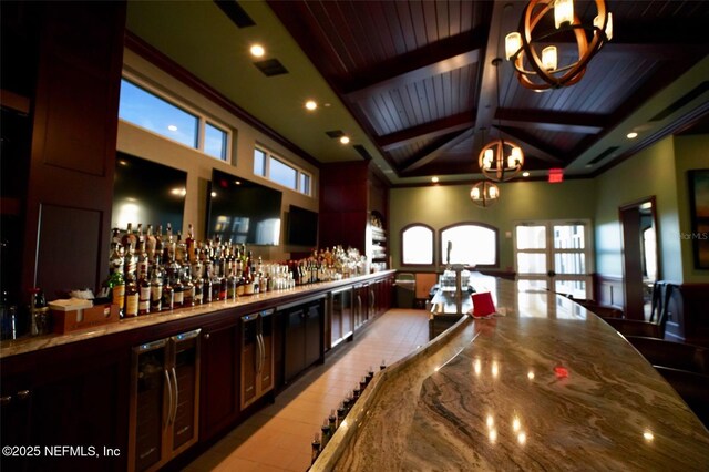 8 Island Estates Pkwy, Palm Coast, FL 32137 - bar featuring a bar, visible vents, wood ceiling, and an inviting chandelier