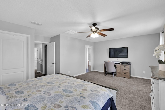 3699 Summit Oaks Dr, Green Cove Springs, FL 32043 - bedroom with a textured ceiling, a ceiling fan, visible vents, carpet floors, and baseboards