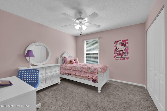 3699 Summit Oaks Dr, Green Cove Springs, FL 32043 - bedroom featuring a closet, baseboards, carpet flooring, a textured ceiling, and a ceiling fan