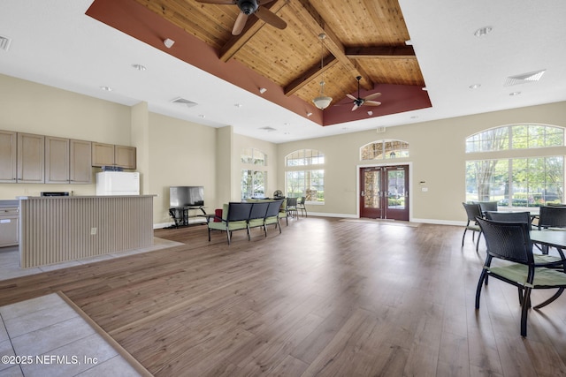 3699 Summit Oaks Dr, Green Cove Springs, FL 32043 - living area with visible vents, ceiling fan, high vaulted ceiling, and wooden ceiling