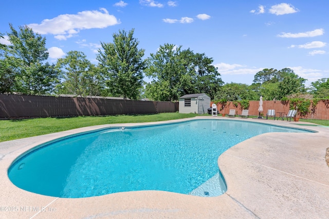 1648 Rhonda Dr, Middleburg, FL 32068 - view of swimming pool featuring a storage shed, a yard, a fenced backyard, an outbuilding, and a fenced in pool