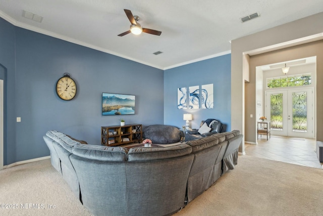 244 W Berkswell Dr, Saint Johns, FL 32259 - carpeted living room featuring visible vents, baseboards, a ceiling fan, and french doors
