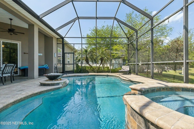 244 W Berkswell Dr, Saint Johns, FL 32259 - view of pool featuring a patio, ceiling fan, a pool with connected hot tub, and glass enclosure