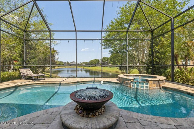 244 W Berkswell Dr, Saint Johns, FL 32259 - view of swimming pool with a water view, a pool with connected hot tub, a patio, and a lanai