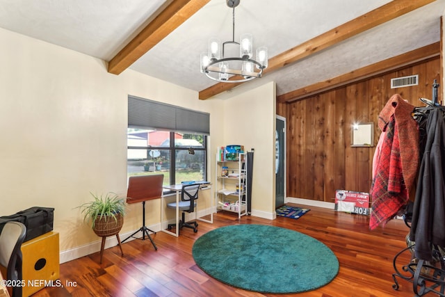 5822 Silver Sands Cir, Keystone Heights, FL 32656 - interior space with a notable chandelier, wood walls, visible vents, beamed ceiling, and wood finished floors