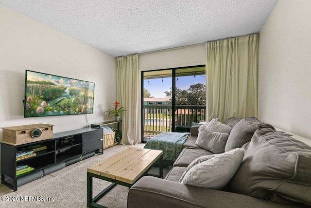 carpeted living room featuring a textured ceiling