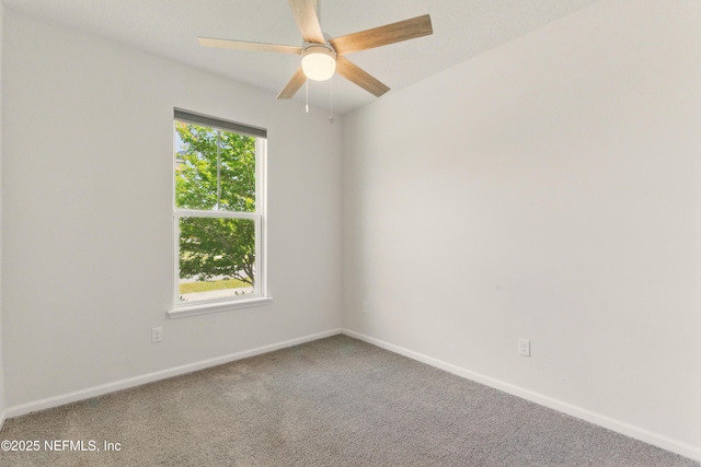 spare room with carpet, baseboards, and ceiling fan